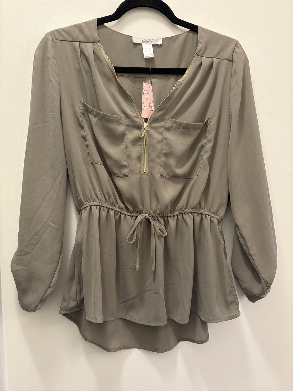 Lightweight Taupe Drawstring Peplum Blouse with Zip